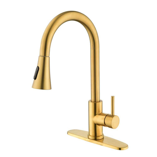  Single Handle Pull Out Sprayer Kitchen Faucet Deckplate Included InBrushed Gold