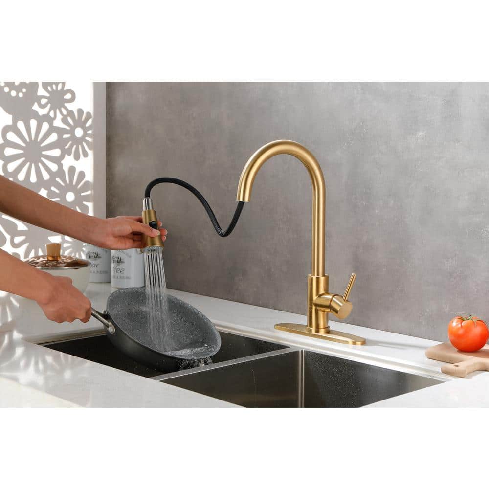  Single Handle Pull Out Sprayer Kitchen Faucet Deckplate Included InBrushed Gold