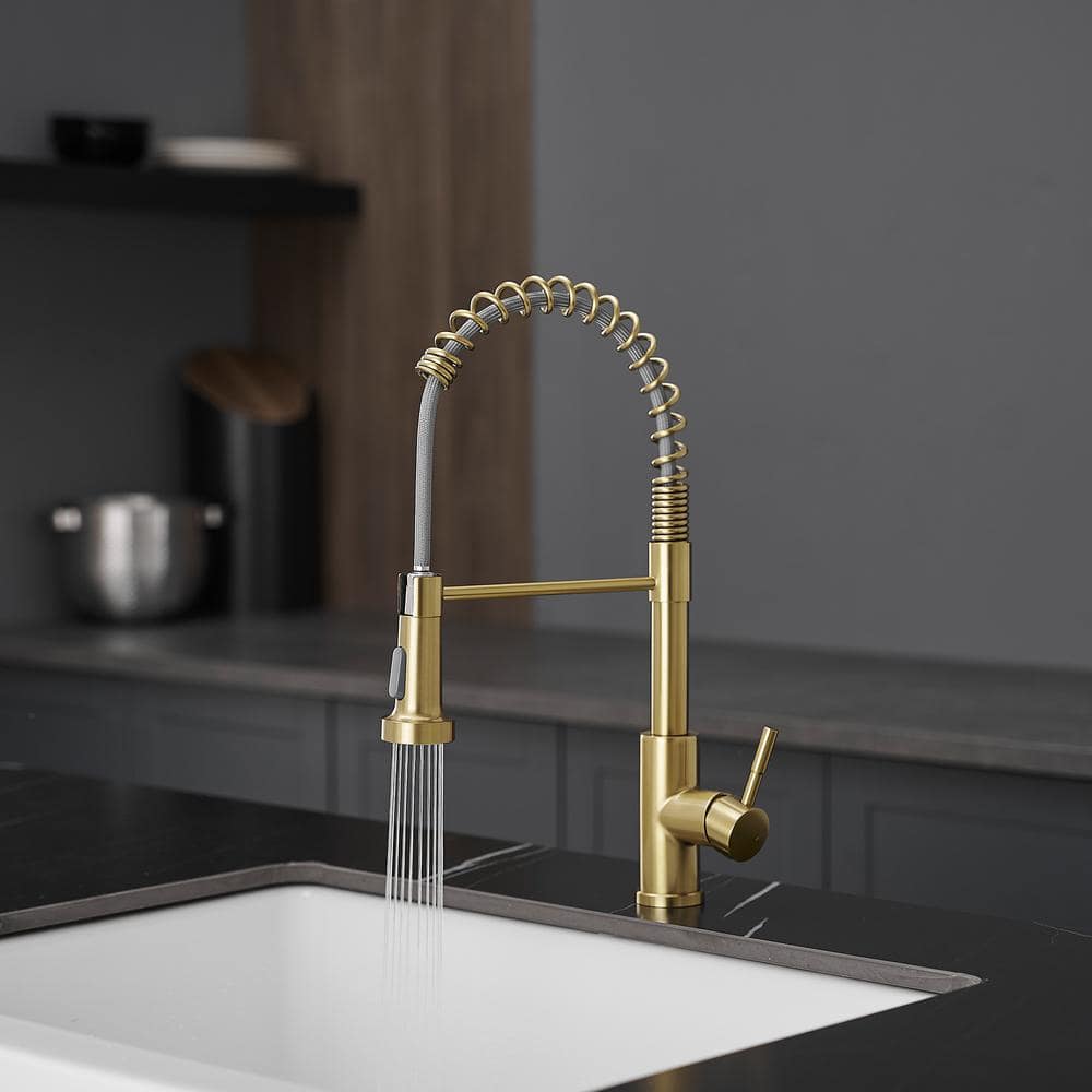  Single Handle Pull Out Sprayer Kitchen Faucet In Brushed Gold