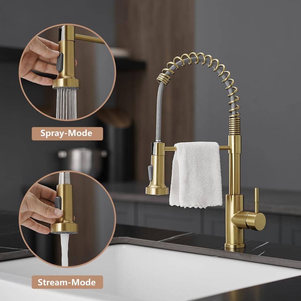  Single Handle Pull Out Sprayer Kitchen Faucet In Brushed Gold