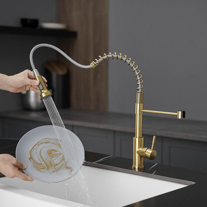  Single Handle Pull Out Sprayer Kitchen Faucet In Brushed Gold