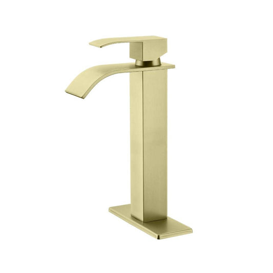  Waterfall Spout Single Handle Bathroom Sink Faucet In Brushed Gold