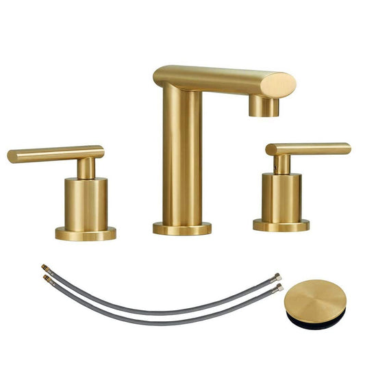  Stylish Brushed Gold Lavatory Double Handle Faucet: 3-Hole, Low-Arch, With Metal Pop-Up Drain And Water Lines