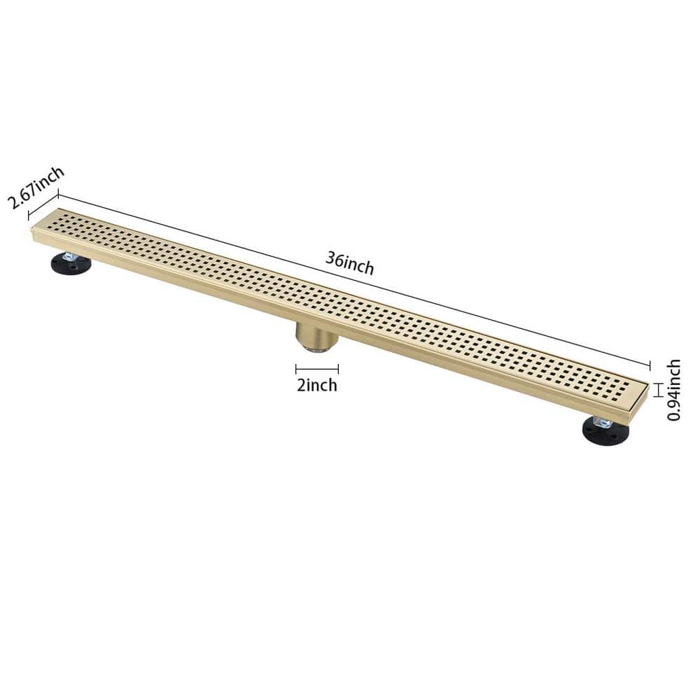 36 In. Linear Shower Drain, Included Hair Strainer And Leveling Feet In Brushed Gold