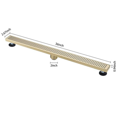  36 In. Linear Shower Drain, Included Hair Strainer And Leveling Feet In Brushed Gold