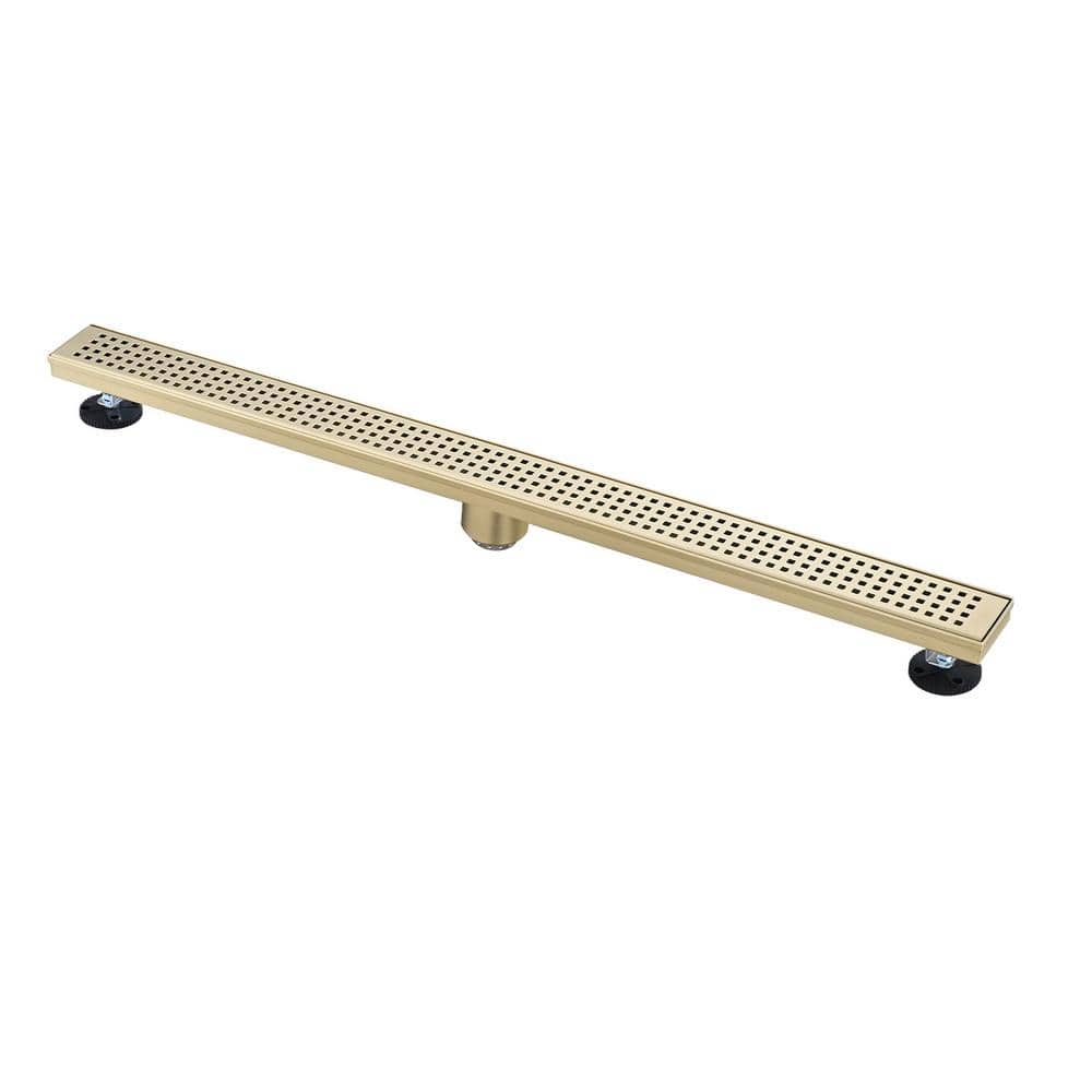  36 In. Linear Shower Drain, Included Hair Strainer And Leveling Feet In Brushed Gold