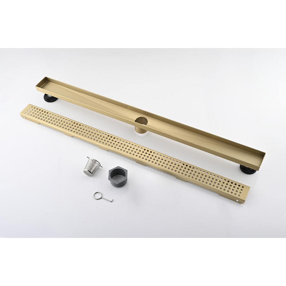  36 In. Linear Shower Drain, Included Hair Strainer And Leveling Feet In Brushed Gold
