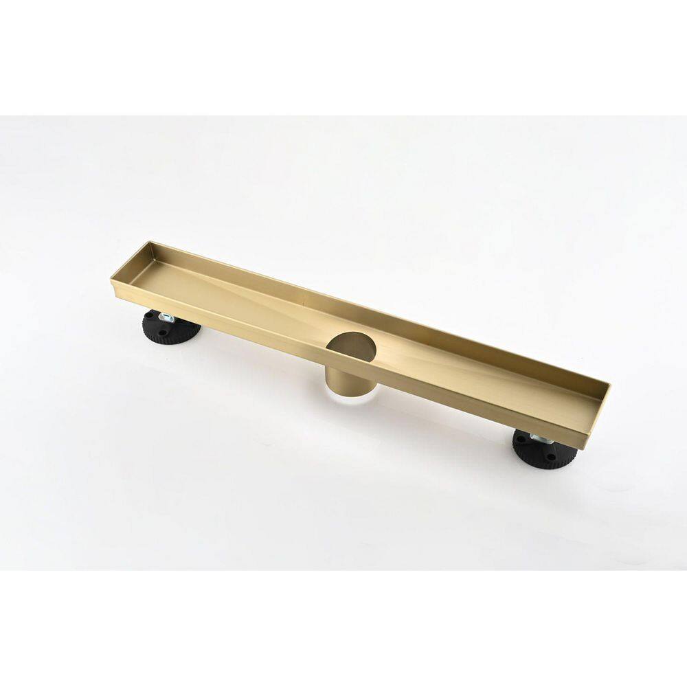  12 In. Linear Shower Drain With Removable Quadrato Pattern Grate Hair Strainer And Leveling Ft. In Brushed Gold