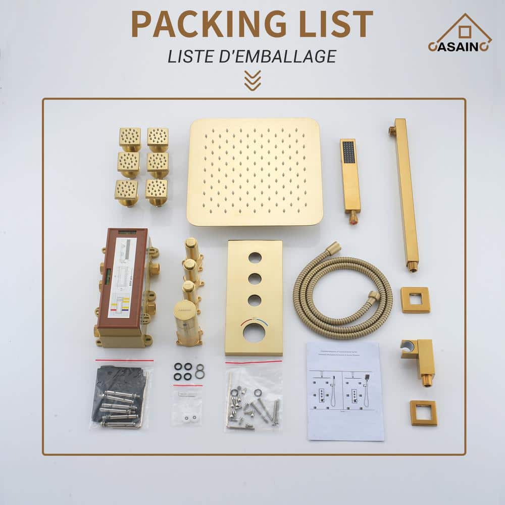  12 In. Wall-Mounted Rectangular Handheld Shower Set (Brushed Gold)