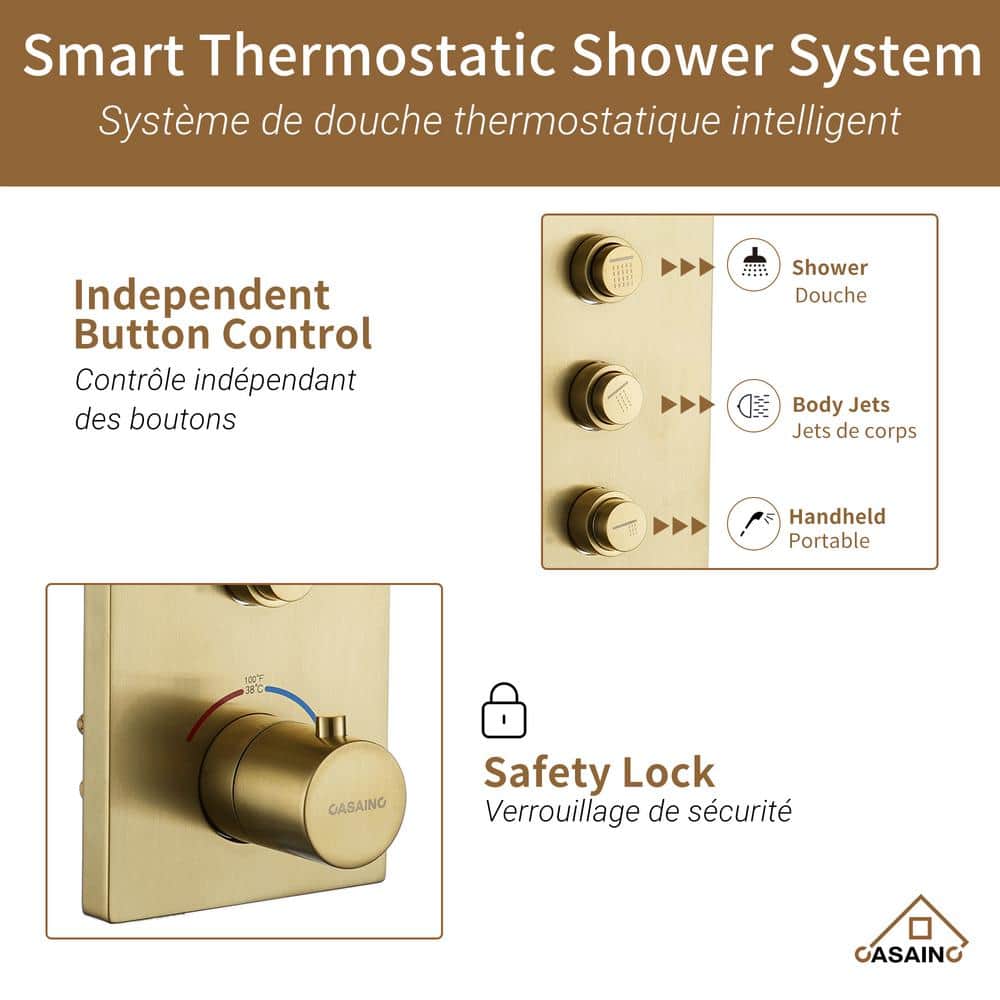  12 In. Wall-Mounted Rectangular Handheld Shower Set (Brushed Gold)
