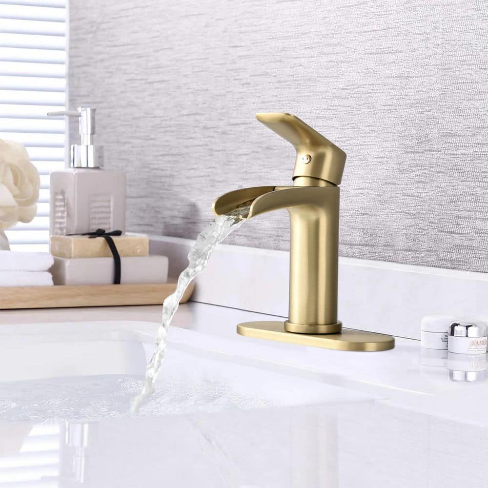  Brushed Nickel Waterfall Single-Handle Vanity Faucet, 1/3-Hole, W/Deck Plate & Pop-Up Drain