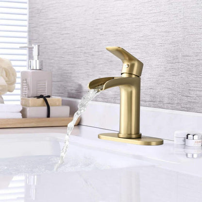  Brushed Nickel Waterfall Single-Handle Vanity Faucet, 1/3-Hole, W/Deck Plate & Pop-Up Drain