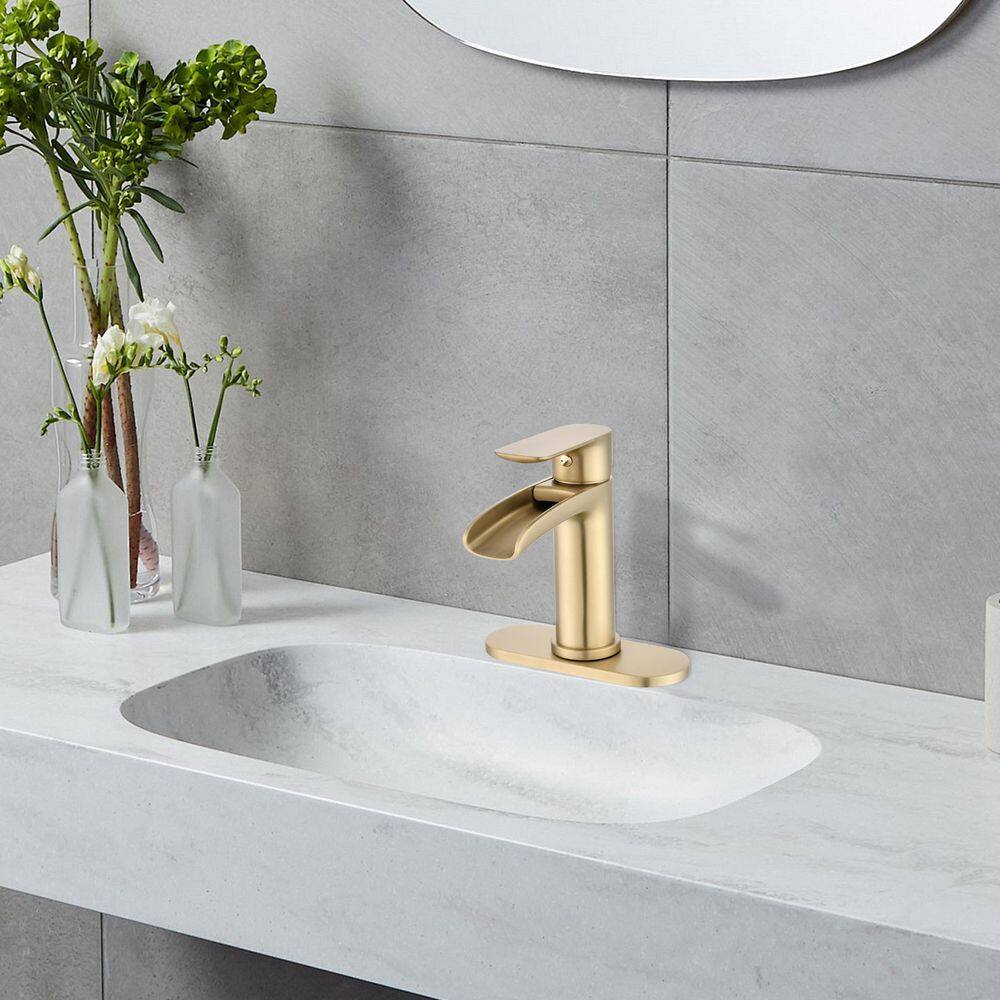  Brushed Nickel Waterfall Single-Handle Vanity Faucet, 1/3-Hole, W/Deck Plate & Pop-Up Drain