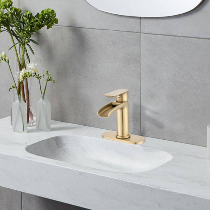  Brushed Nickel Waterfall Single-Handle Vanity Faucet, 1/3-Hole, W/Deck Plate & Pop-Up Drain