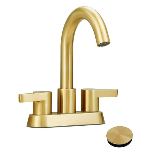  4 In. Centerset Gold Bathroom Vanity Lavatory Faucets For Sink 3-Hole 2-Handle, Swivel Spout With Brass Drain Assembly