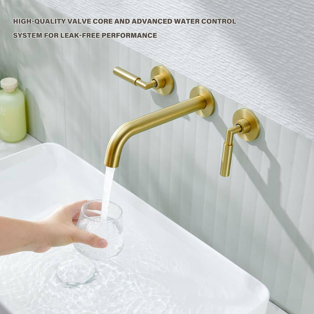  3-Hole 2-Handles Brass Wall-Mount Bathroom Faucet In Brushed Gold