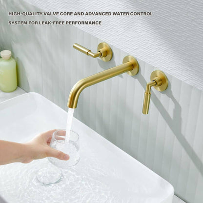  3-Hole 2-Handles Brass Wall-Mount Bathroom Faucet In Brushed Gold