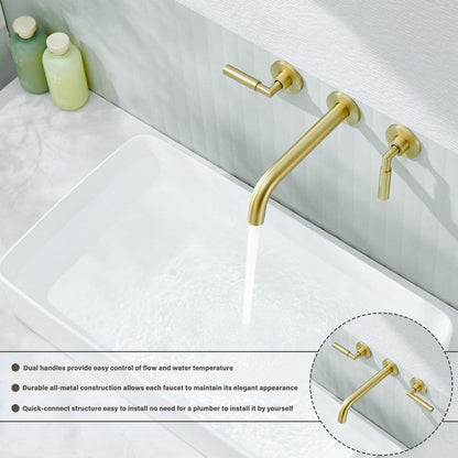  3-Hole 2-Handles Brass Wall-Mount Bathroom Faucet In Brushed Gold