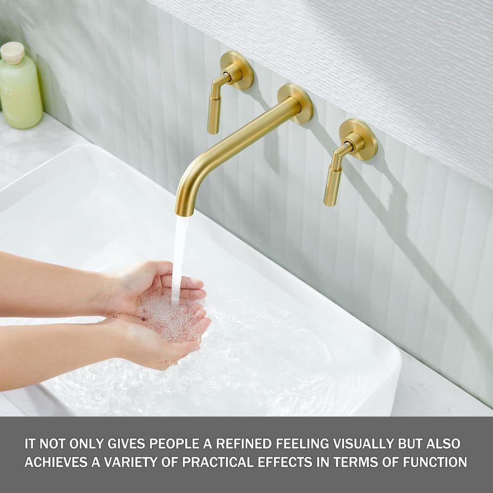  3-Hole 2-Handles Brass Wall-Mount Bathroom Faucet In Brushed Gold