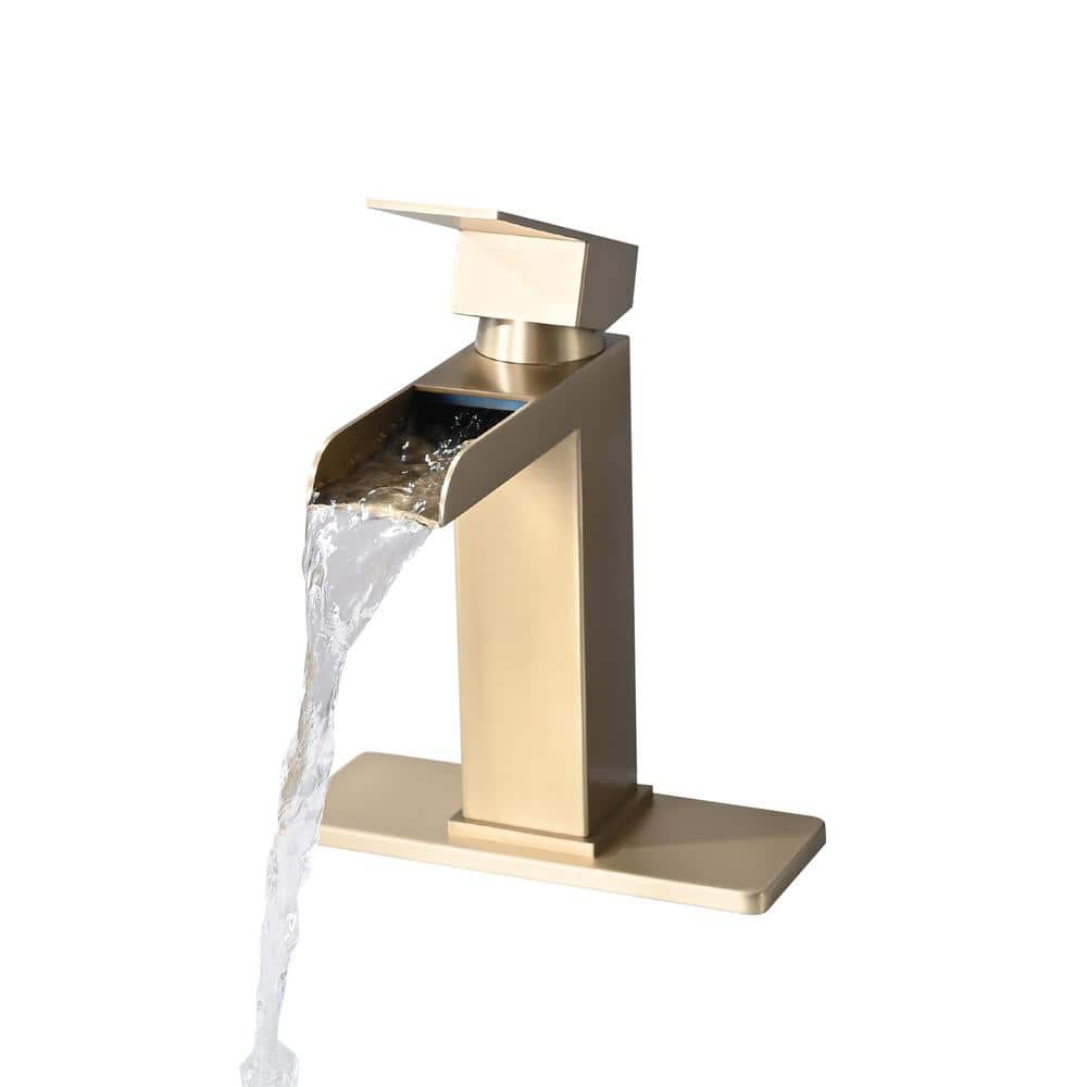  Single Handle Wall Mounted Bathroom Faucet With Deck Plate & Overflow Pop Up Drain In Brushed Gold