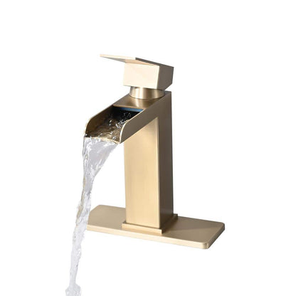  Single Handle Wall Mounted Bathroom Faucet With Deck Plate & Overflow Pop Up Drain In Brushed Gold