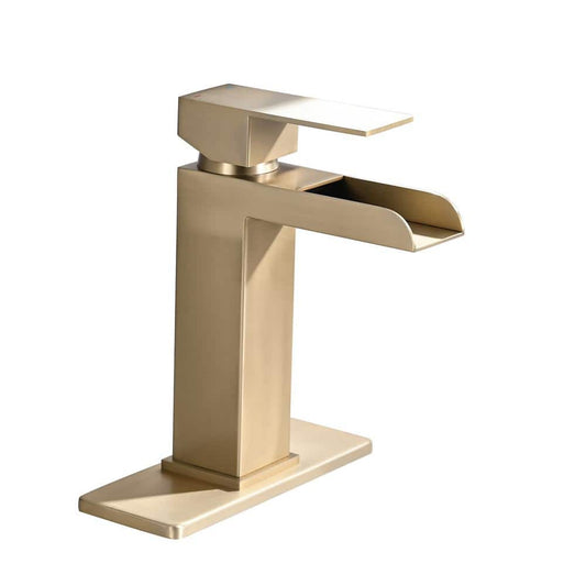  Single Handle Wall Mounted Bathroom Faucet With Deck Plate & Overflow Pop Up Drain In Brushed Gold