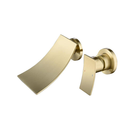  Sleek Waterfall Single Handle Wall Mounted Bathroom Sink Faucet In Brushed Gold