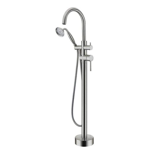  Double Lever Handle Freestanding Tub Filler Bathtub Faucet With Hand Held Shower In Brushed Nickel