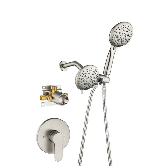  Modern 5-Spray Patterns With 2.5 GPM 4.68 In. Wall Mount Dual Shower Heads With 71 In. Shower Hose In Brushed Nickel