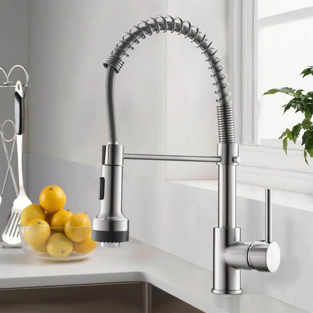  Single Handle Deck Mount Pull Down Sprayer Kitchen Faucet With LED In Brushed Nickel