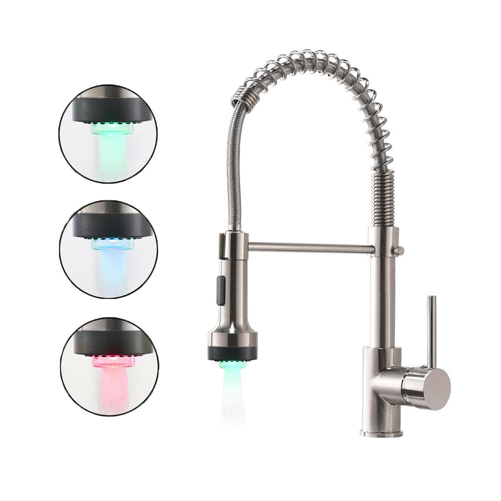  Single Handle Deck Mount Pull Down Sprayer Kitchen Faucet With LED In Brushed Nickel