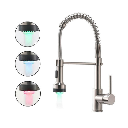  Single Handle Deck Mount Pull Down Sprayer Kitchen Faucet With LED In Brushed Nickel