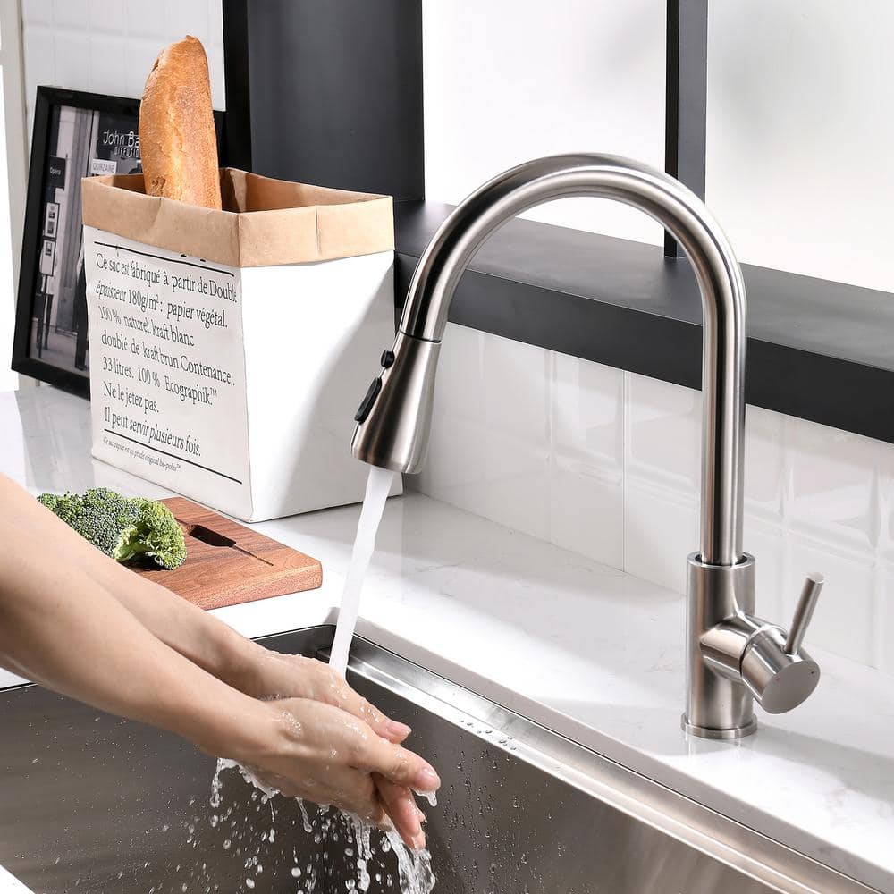  Single Handle Touch Sensor Gooseneck Pull Down Sprayer Kitchen Faucet In Brushed Nickel