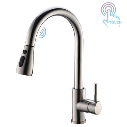  Single Handle Touch Sensor Gooseneck Pull Down Sprayer Kitchen Faucet In Brushed Nickel