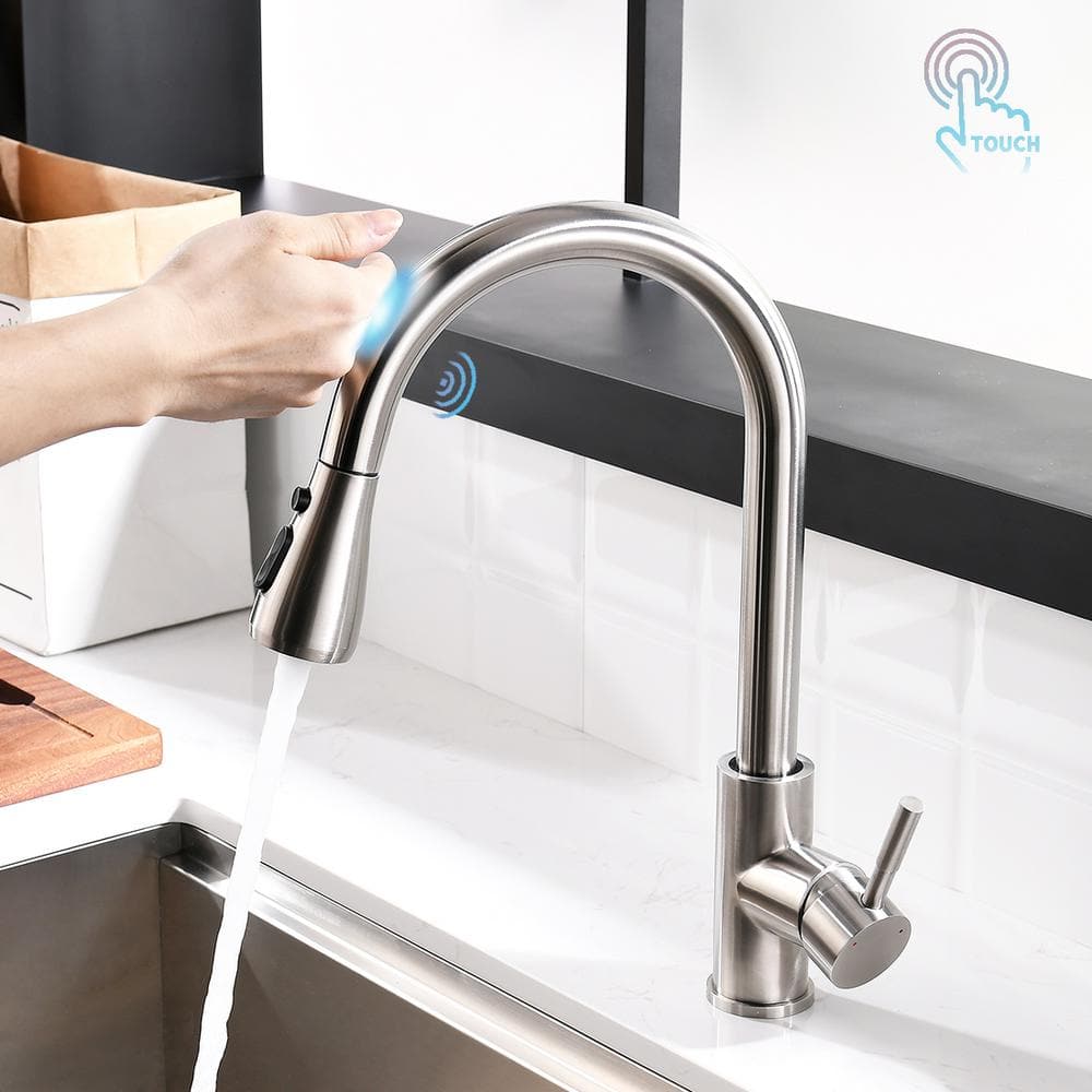  Single Handle Touch Sensor Gooseneck Pull Down Sprayer Kitchen Faucet In Brushed Nickel