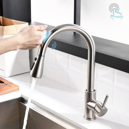  Single Handle Touch Sensor Gooseneck Pull Down Sprayer Kitchen Faucet In Brushed Nickel