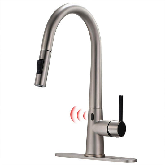  Single Handle Pull Down Sprayer Kitchen Faucet Touchless With Deck Plate In Brushed Nickel