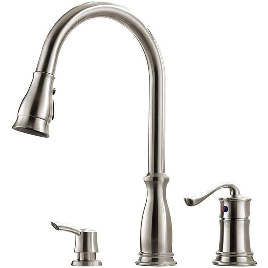  Single Handle 3 Hole Pull Out Sprayer Stainless Steel Brushed Nickel Kitchen Sink Faucet With Soap Dispenser