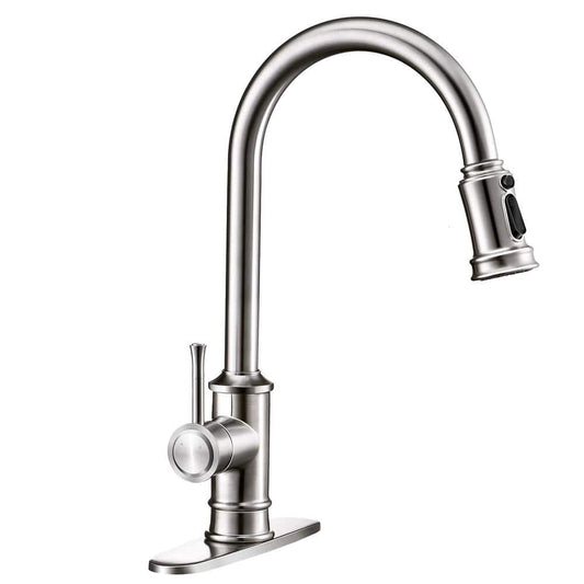  Single-Handle 3 Ways Setting Gooseneck Pull Out Sprayer Kitchen Faucet With Deckplate Included In Brushed Nickel