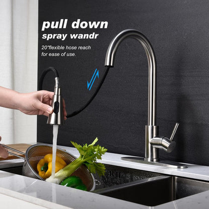  Single-Handle Deck Mount Gooseneck Pull Out Sprayer Kitchen Faucet With Deckplate Included In Brushed Nickel