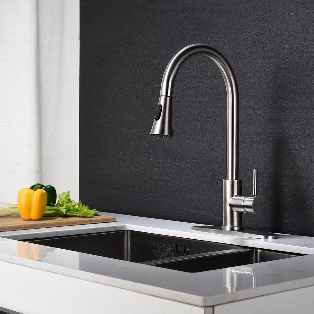  Single-Handle Deck Mount Gooseneck Pull Out Sprayer Kitchen Faucet With Deckplate Included In Brushed Nickel