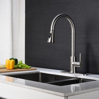  Single-Handle Deck Mount Gooseneck Pull Out Sprayer Kitchen Faucet With Deckplate Included In Brushed Nickel