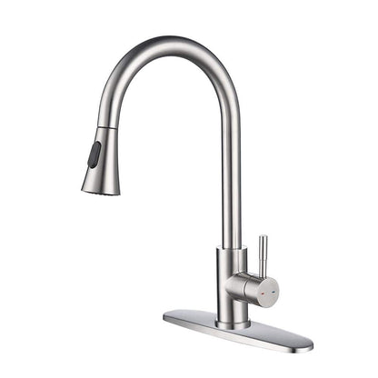  Single-Handle Deck Mount Gooseneck Pull Out Sprayer Kitchen Faucet With Deckplate Included In Brushed Nickel