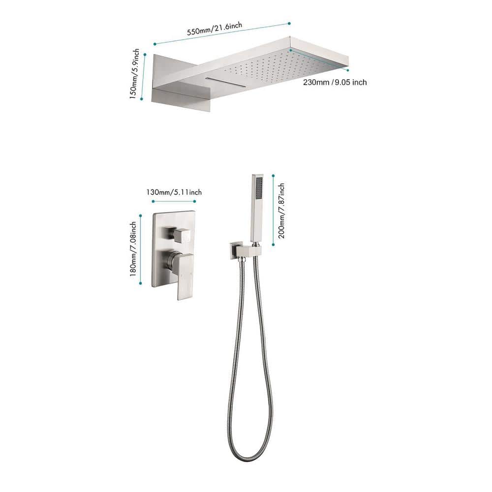  1-Spray Wall Mounted Waterfall Dual Rain Shower System 1.5 GPM In Brushed Nickel