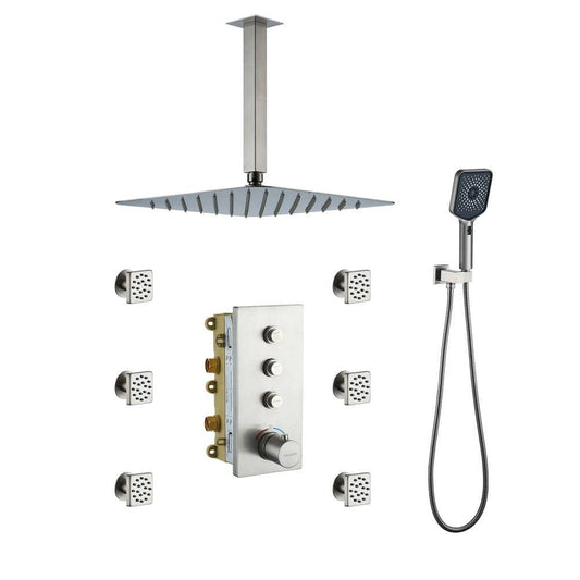  3-Spray 1.8 GPM 12 In. Ceiling Mount Dual Square Handheld Shower Set In Brushed Nickel
