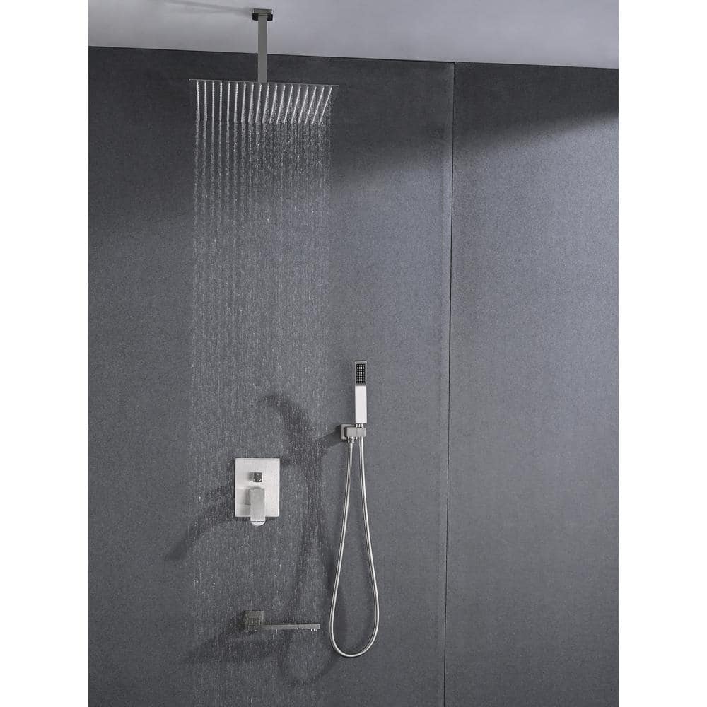  2-Spray 2 GPM Rectangle Ceiling Mounted Dual Shower System Combo Set With 16 In Shower Head In Brushed Nickel