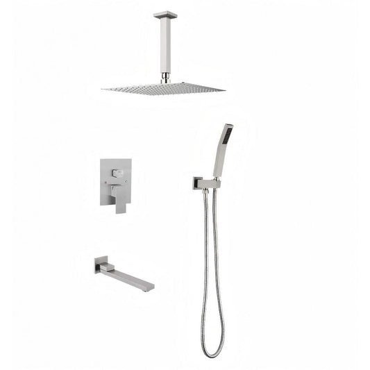  2-Spray 2 GPM Rectangle Ceiling Mounted Dual Shower System Combo Set With 16 In Shower Head In Brushed Nickel