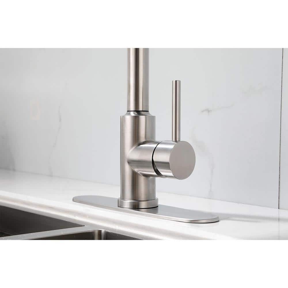  Deck Mount High-Arc Kitchen Faucet With Pull Down Sprayer In Brushed Nickel