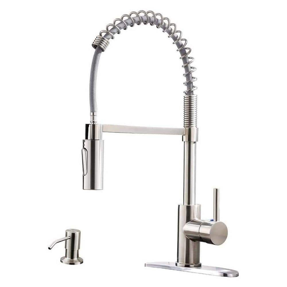  Single Handle Deck Mount Pull Down Sprayer Kitchen Faucet With Deck Plate And Soap Dispenser In Brushed Nickel