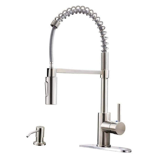  Single Handle Deck Mount Pull Down Sprayer Kitchen Faucet With Deck Plate And Soap Dispenser In Brushed Nickel